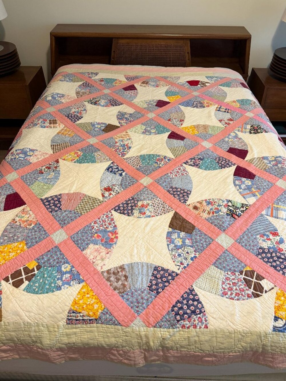 1940s vintage quilt with feedsack fabrics 75" x 76" Flowering Snowball pattern